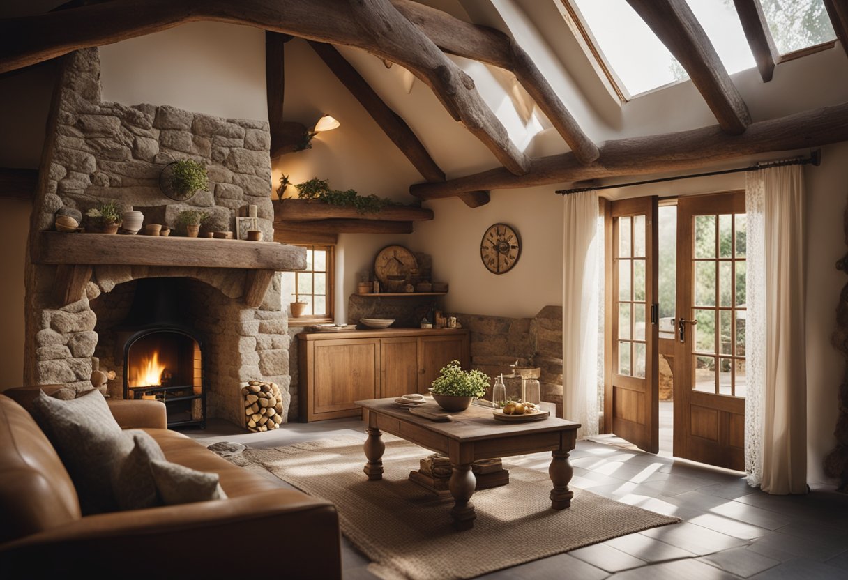 A cozy cottage interior with a rustic stone fireplace, wooden beams, and soft, earthy tones. Sunlight streams in through lace curtains, illuminating a comfortable seating area and a quaint dining nook