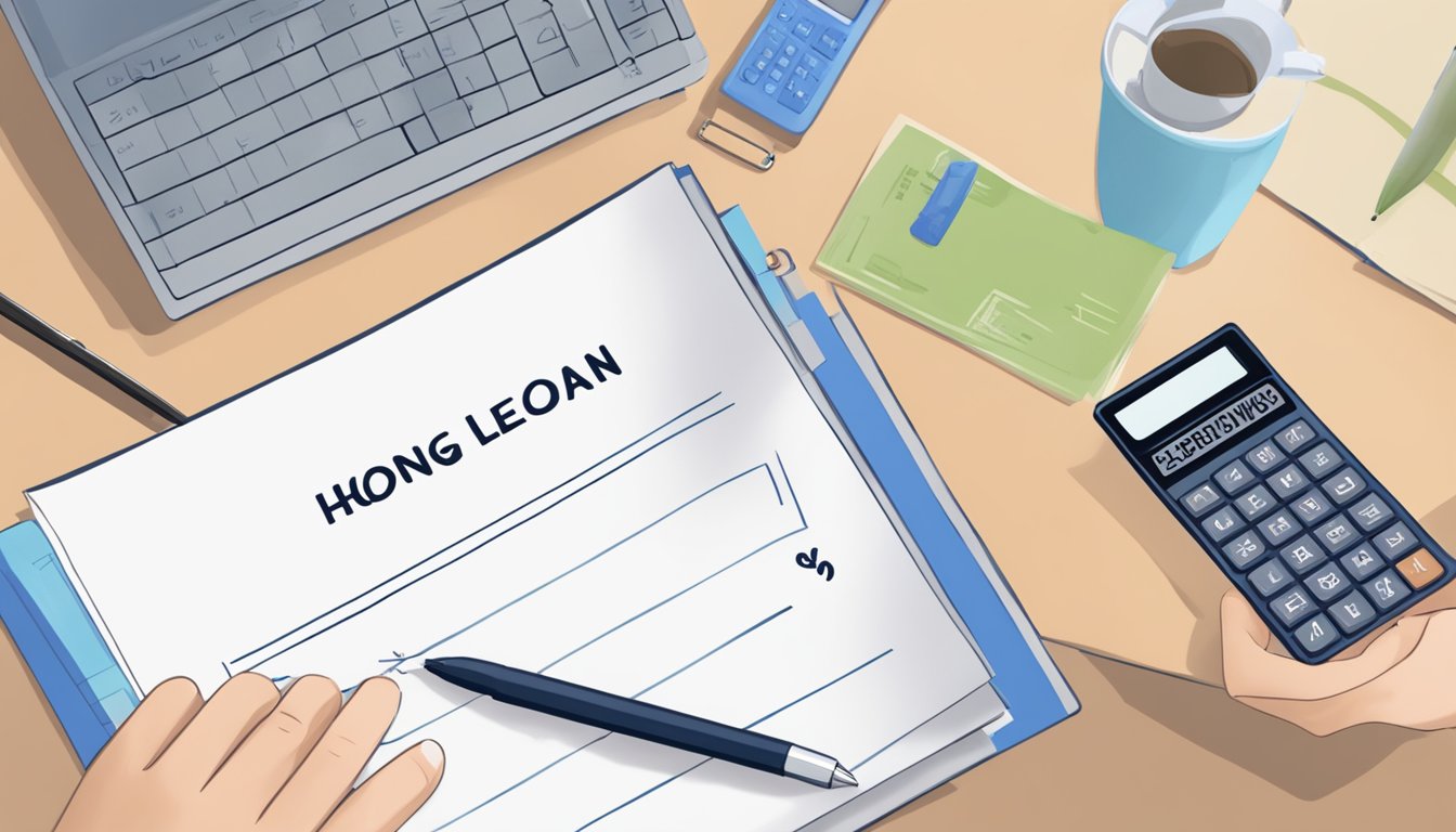 A person signing a document with "Hong Leong Personal Loan" written on it. A calculator and a pen are on the table