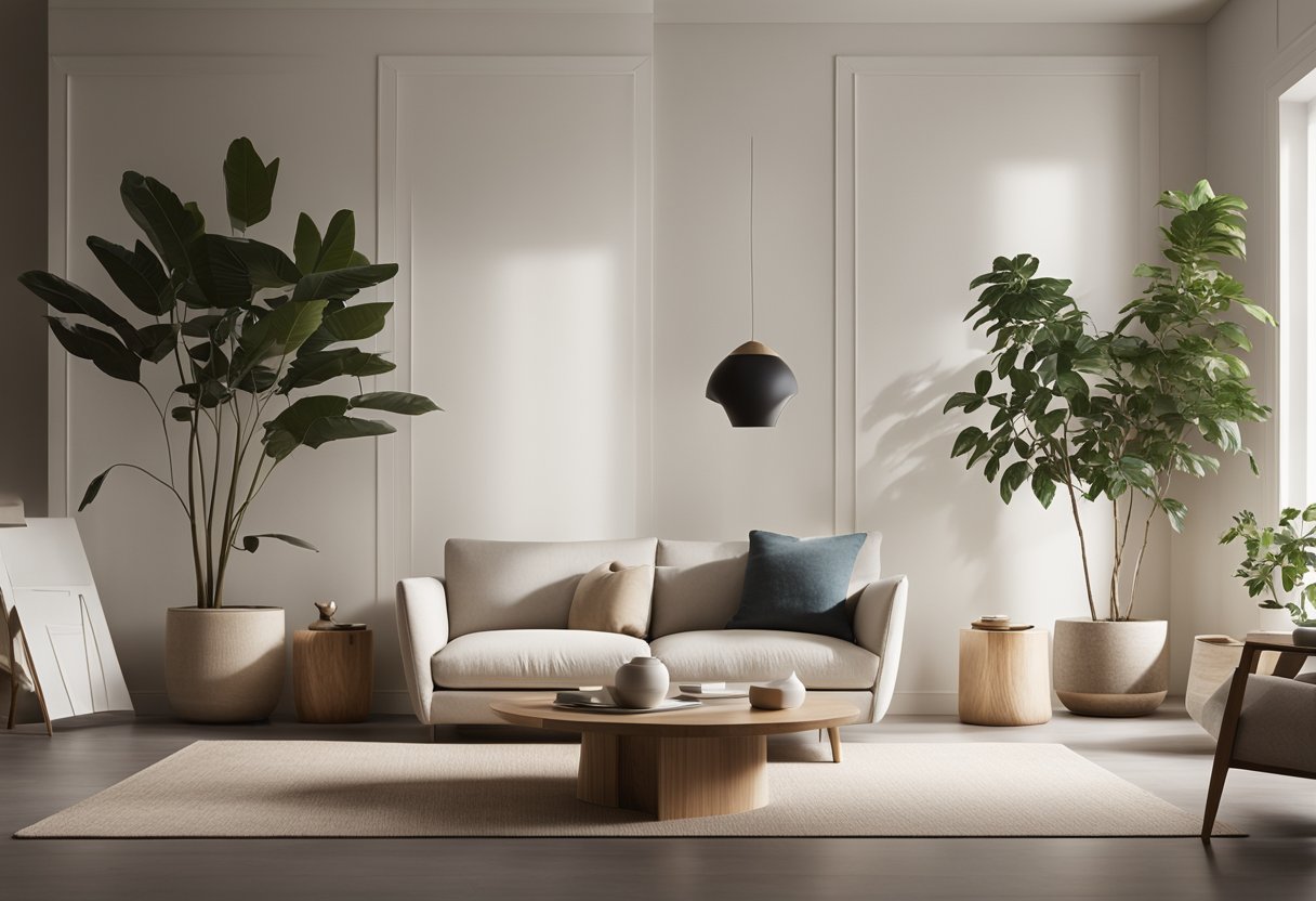 A serene room with clean lines, neutral colors, and natural materials. Sparse furniture, uncluttered spaces, and soft lighting create a calming atmosphere
