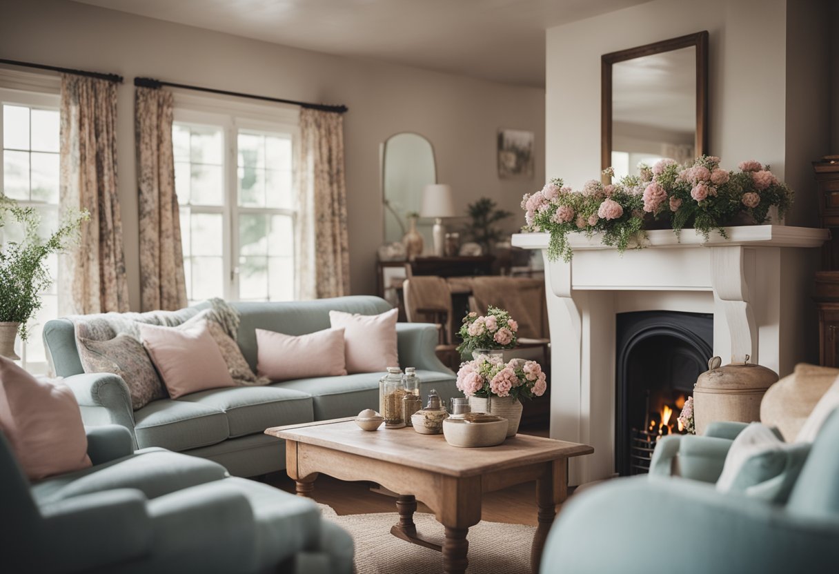 A cozy living room with floral prints, vintage furniture, and soft pastel colors. A rustic fireplace and a collection of antique knick-knacks add to the cottage charm