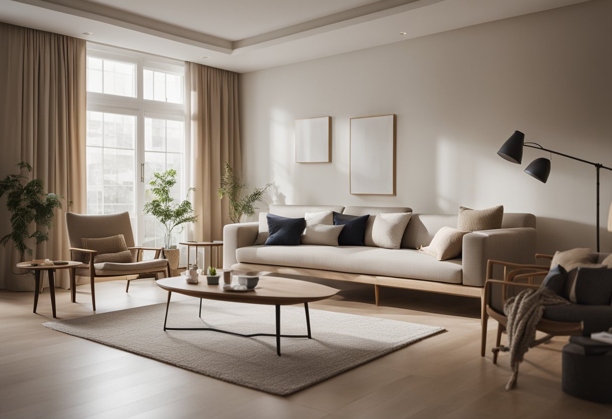 A serene, clutter-free room with neutral colors, natural materials, and minimal furnishings. Soft, diffused lighting and a sense of openness and tranquility