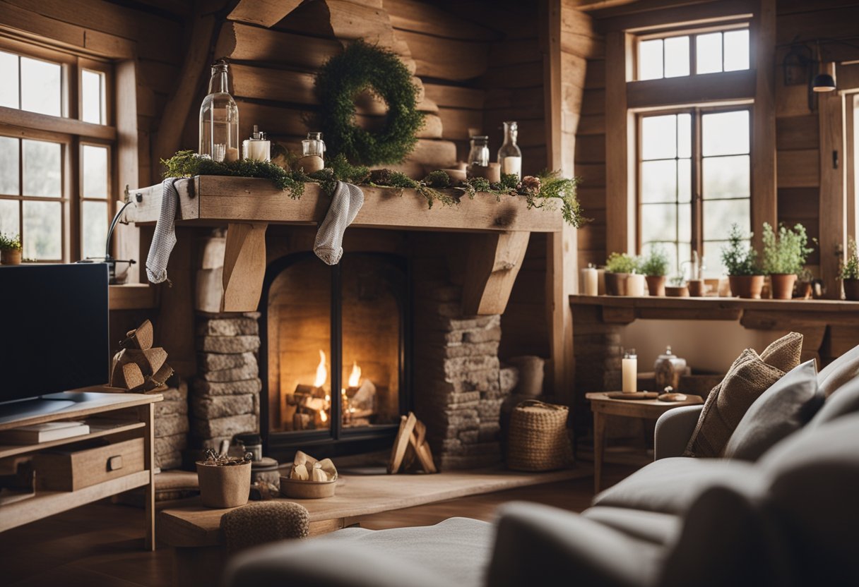 A cozy cottage interior with rustic wooden beams, a stone fireplace, and personalized decor like vintage knick-knacks and handmade artwork
