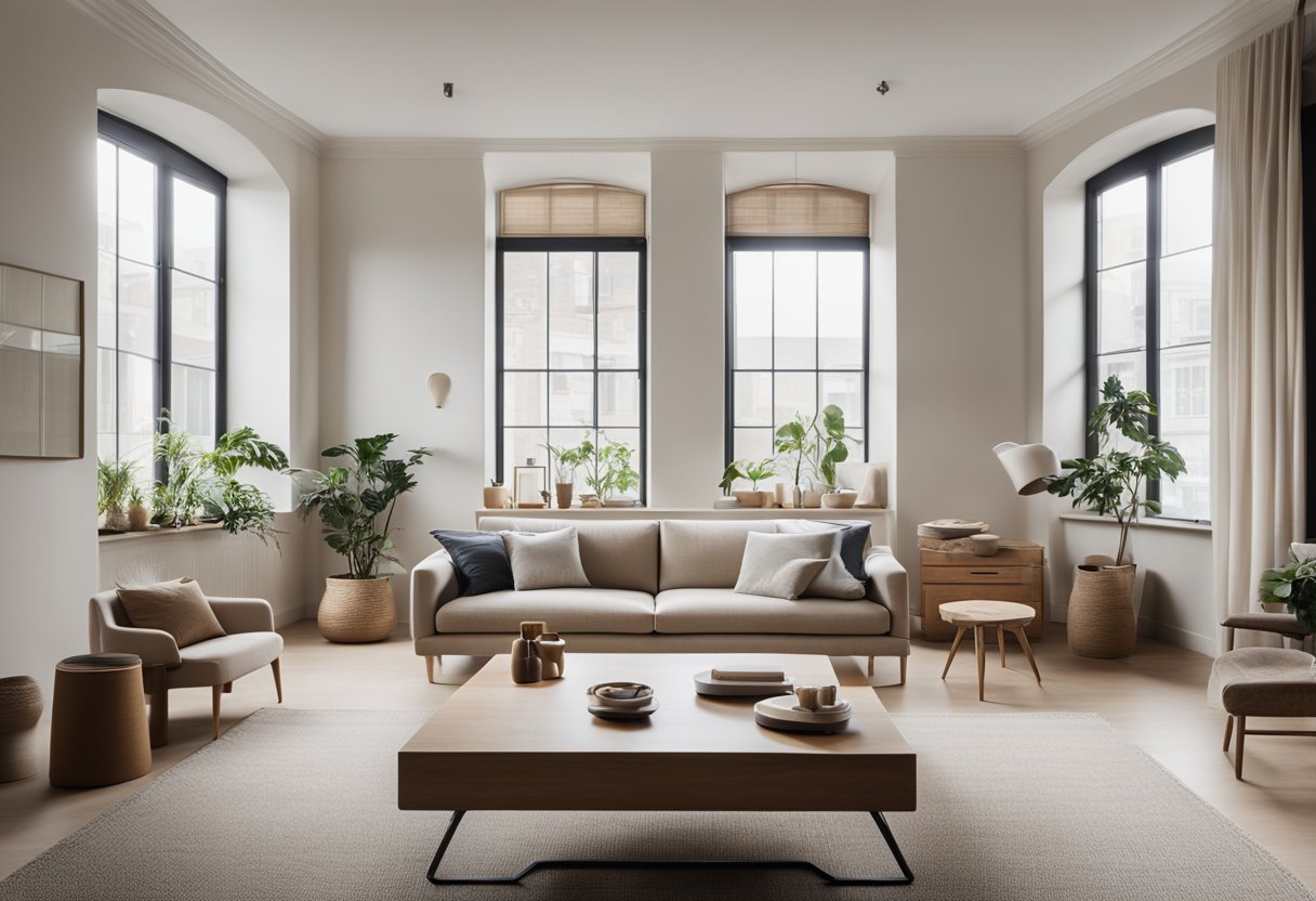 A serene, clutter-free room with clean lines, neutral colors, and natural materials. Simple furniture, uncluttered surfaces, and a sense of calm and balance