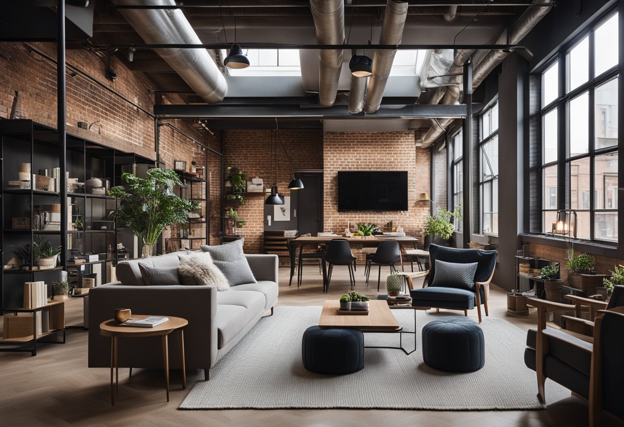 A cozy loft apartment with modern furniture, exposed brick walls, large windows with natural light, and a mix of industrial and minimalist decor