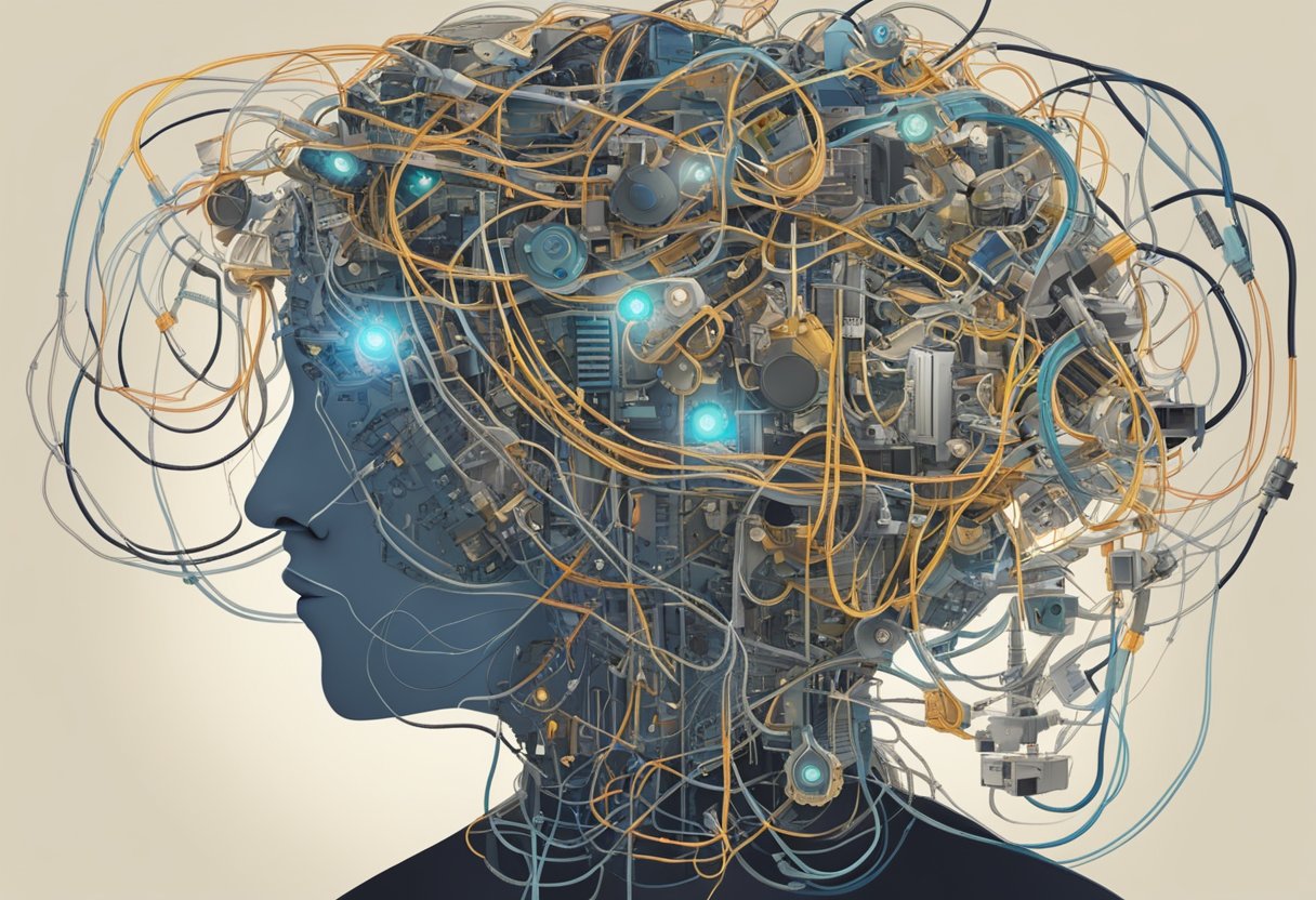 A cluttered mind with tangled wires and circuit boards, representing negative thoughts and biases. A tangled mess to be unraveled