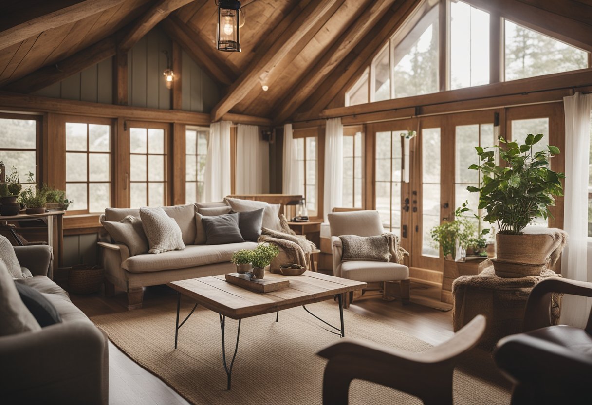 A cozy cottage interior with rustic wooden furniture, soft neutral colors, and plenty of natural light streaming in through the windows
