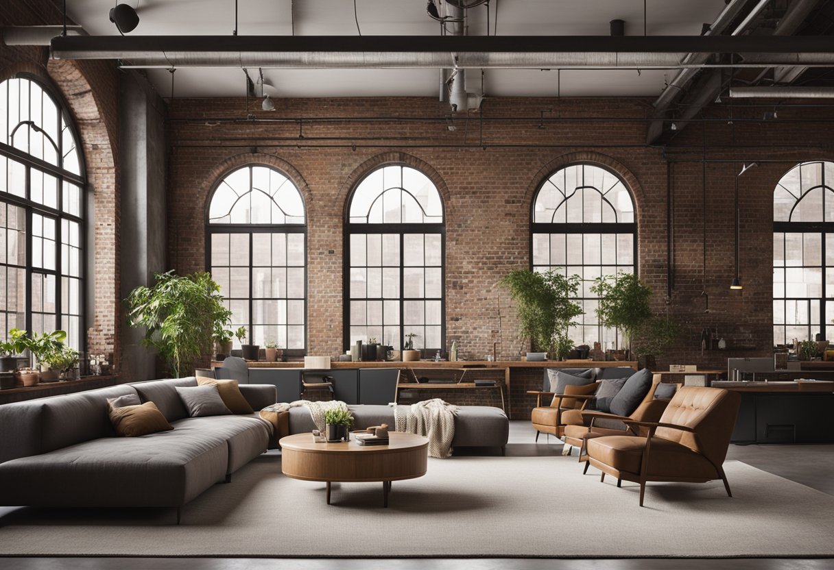 The loft design features industrial-style furniture, exposed brick walls, large windows, and high ceilings. A cozy seating area is surrounded by minimalist decor and natural light