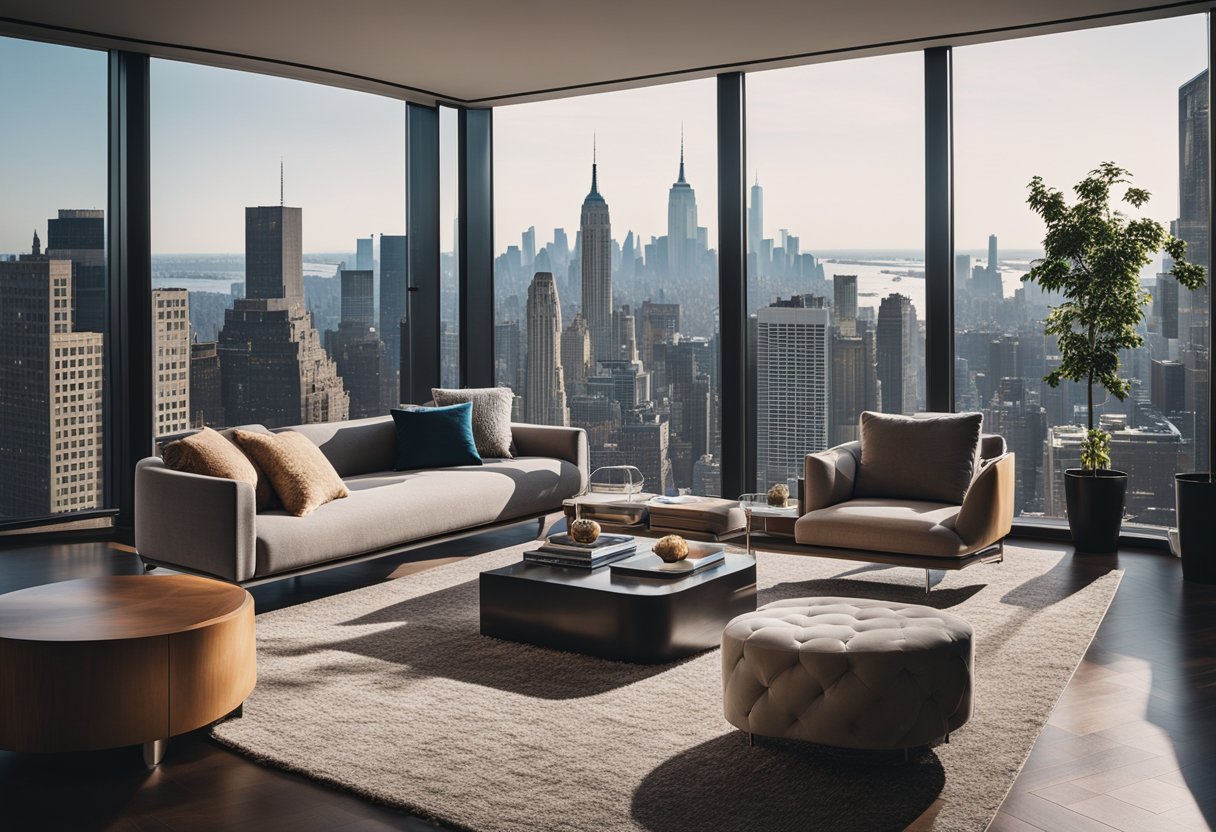 A modern living room in NYC with sleek furniture, large windows, and a view of the city skyline