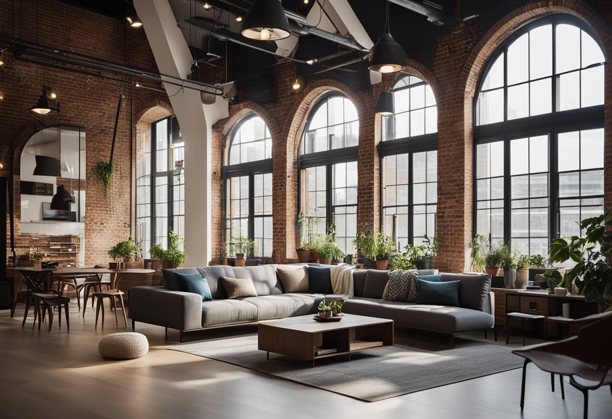 A modern loft apartment with high ceilings, exposed brick walls, and industrial-style furnishings. Large windows flood the space with natural light, and a cozy reading nook is nestled in a corner