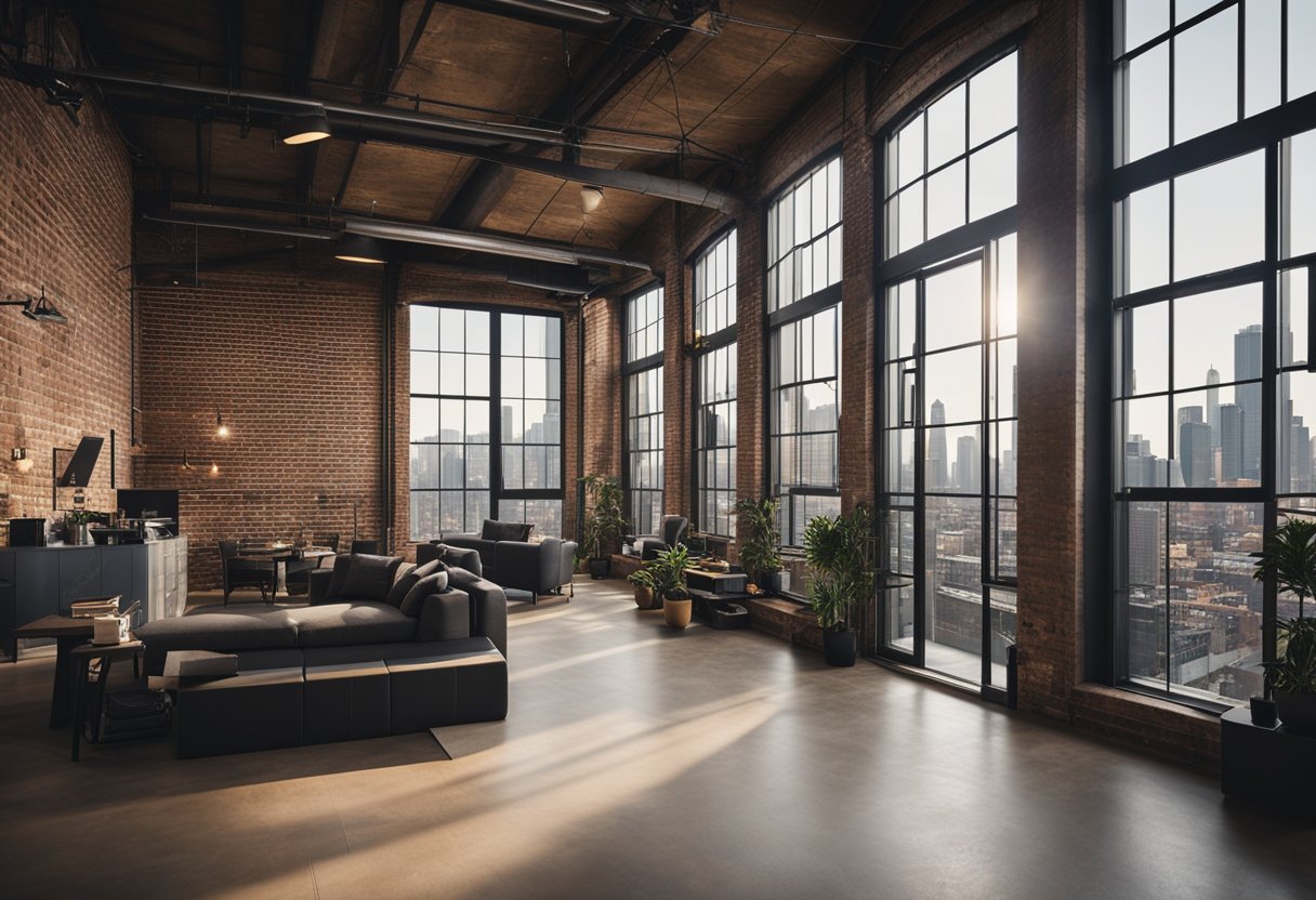 A spacious loft with industrial-chic decor, exposed brick walls, high ceilings, and large windows overlooking the city skyline
