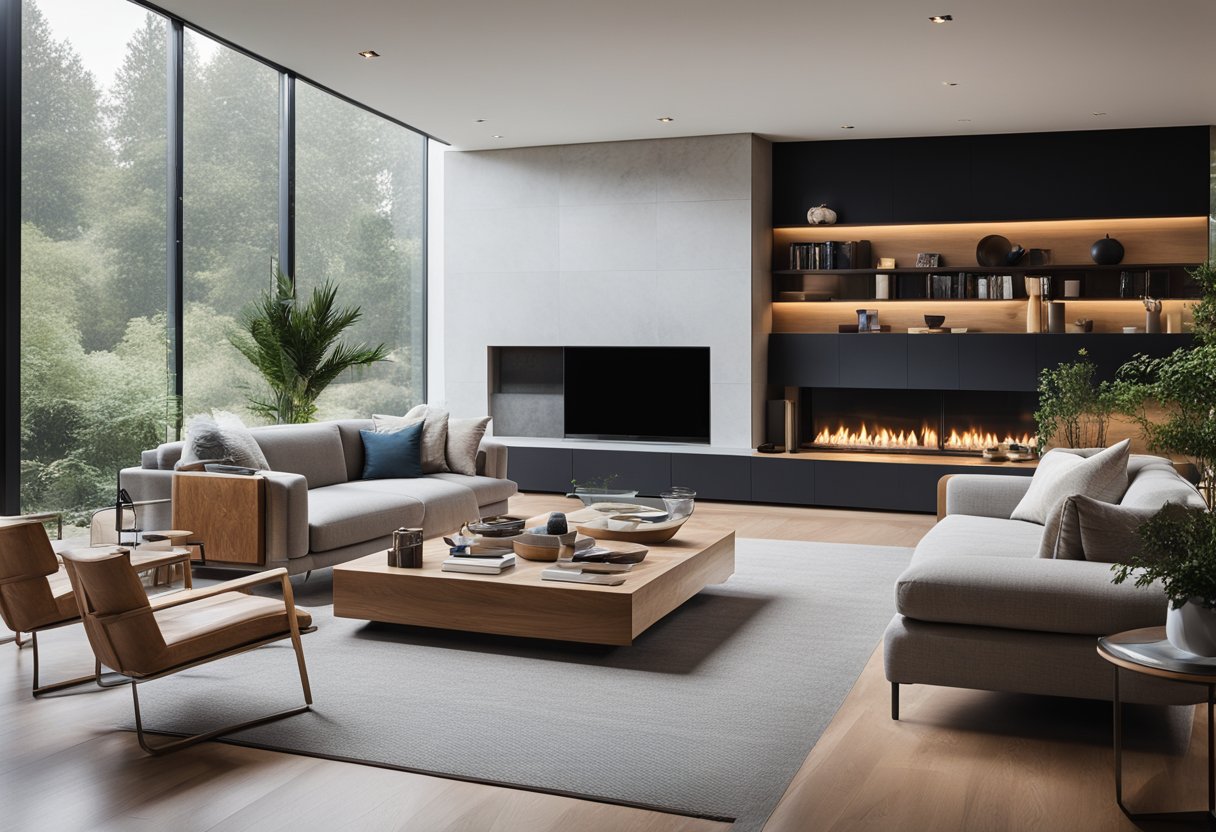 A spacious, modern living room with floor-to-ceiling windows, a cozy fireplace, and a sleek, minimalist design