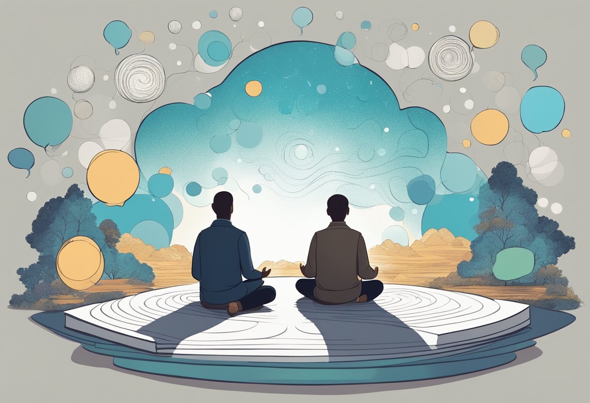 A serene setting with a person meditating, surrounded by thought bubbles and a notebook, representing mindfulness and cognitive distortion analysis