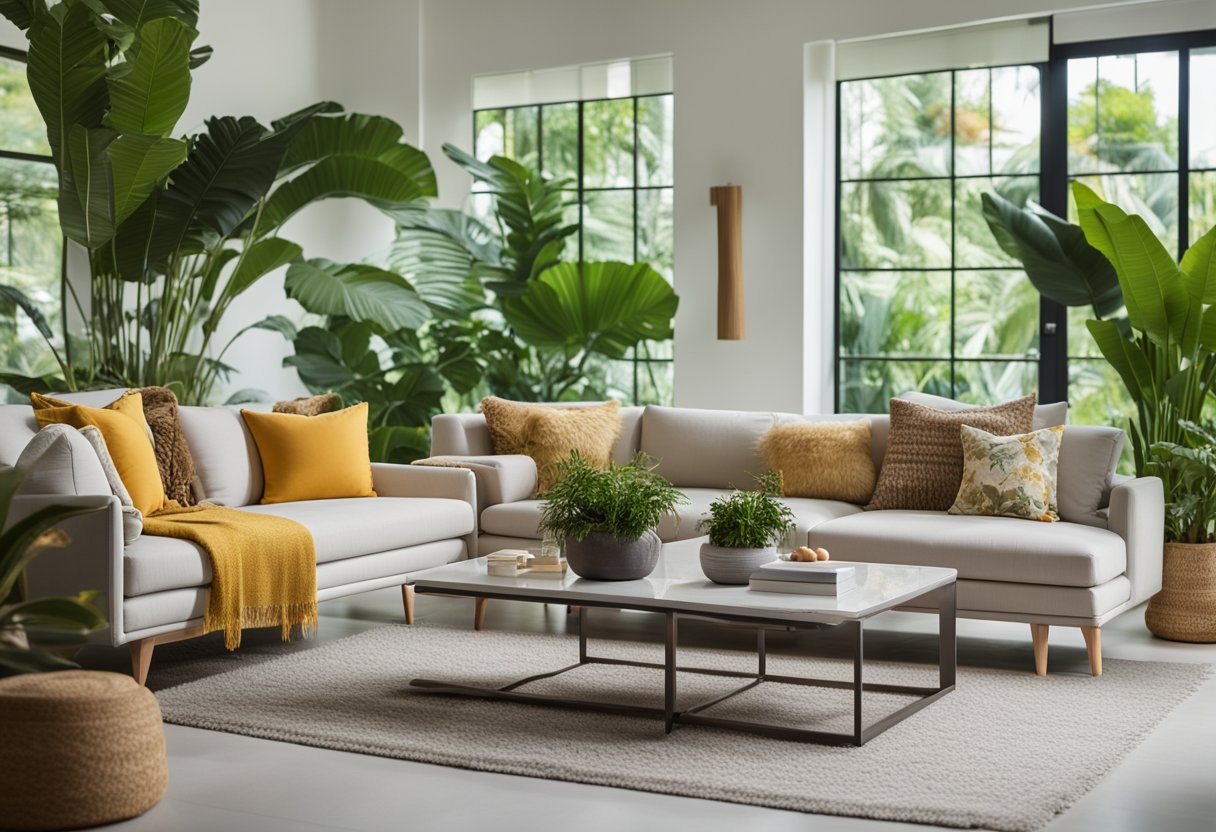 A spacious living room with sleek, minimalist furniture and large windows overlooking a lush, tropical garden. The room is adorned with vibrant, botanical-themed decor and soft, natural lighting