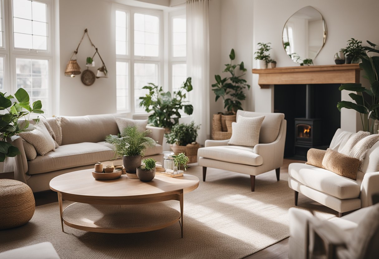 A cozy living room with a neutral color palette, plush sofa, and a fireplace. Sunlight streams in through large windows, highlighting the elegant decor and houseplants