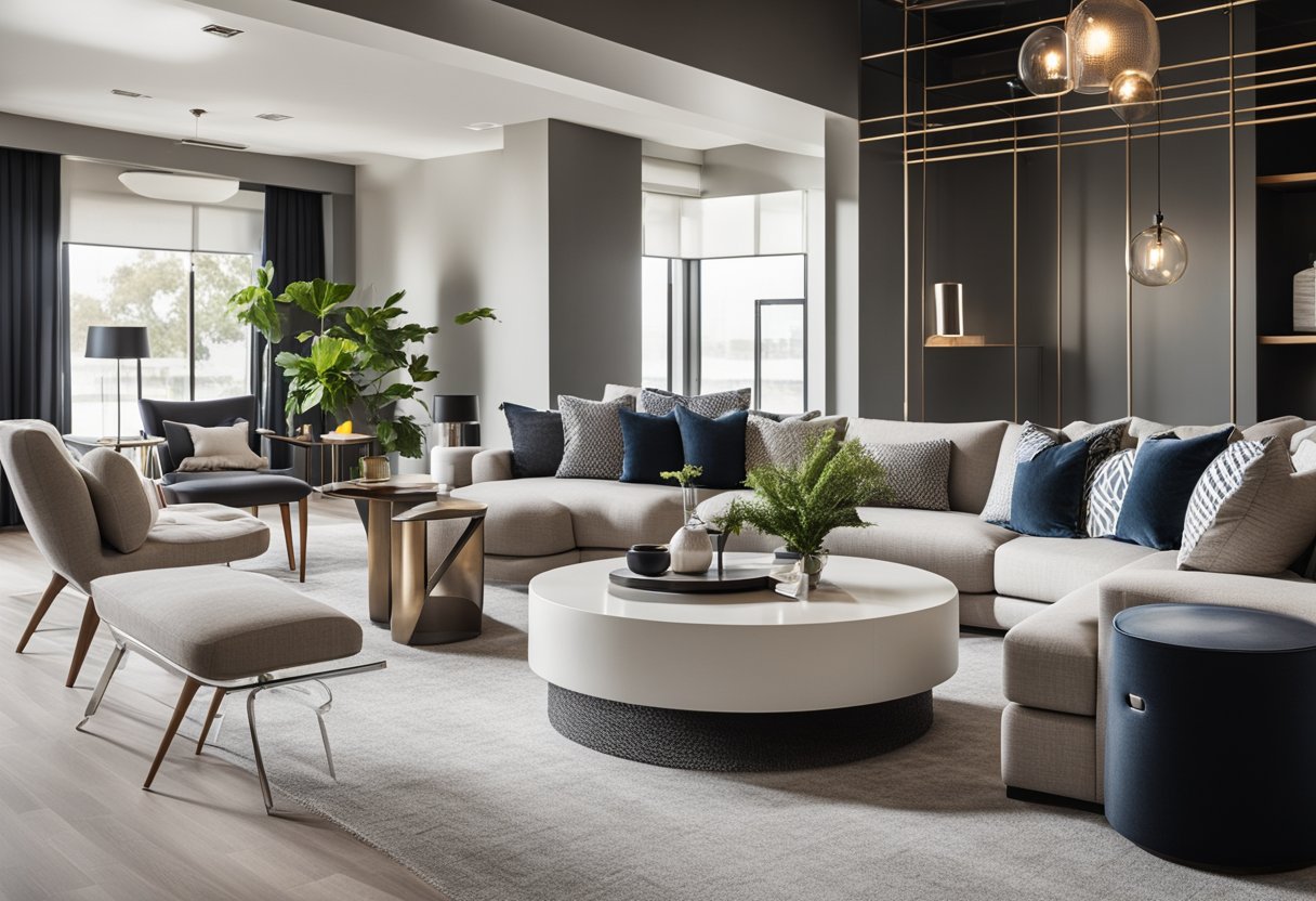 A modern, stylish interior with clean lines, neutral colors, and pops of vibrant accents. Sleek furniture, geometric patterns, and natural light create a welcoming, contemporary space