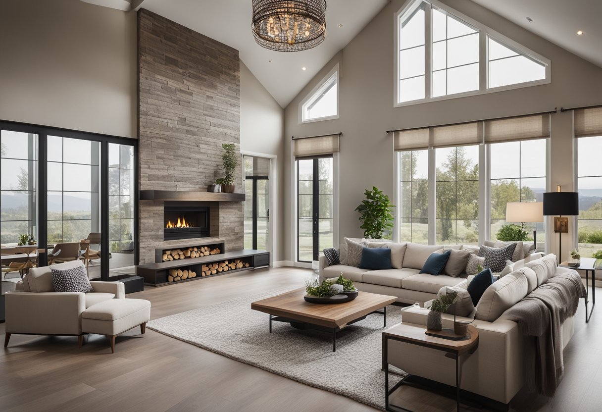 A spacious, modern living room with natural light, cozy furniture, and a fireplace. A sleek, open kitchen with high-end appliances and a large island