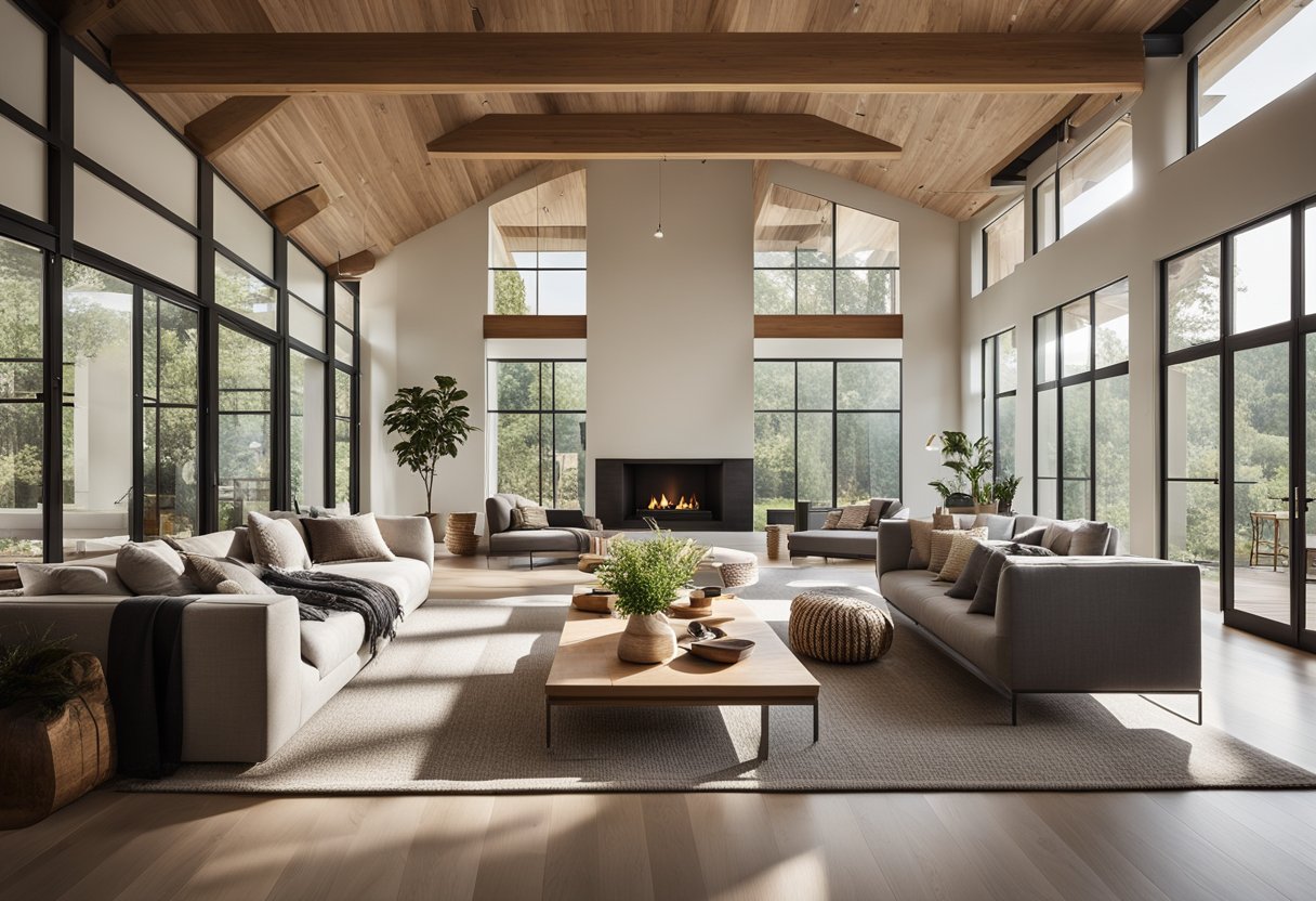 A spacious, open-concept living area with high ceilings and large windows, featuring natural materials such as wood and stone, and a seamless flow between indoor and outdoor spaces