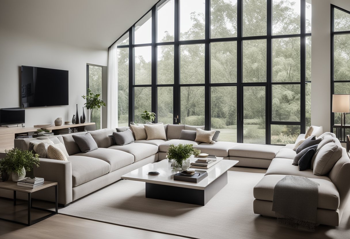 A sleek, modern living room with clean lines, neutral colors, and high-end furniture. A large window lets in natural light, showcasing the sophisticated design