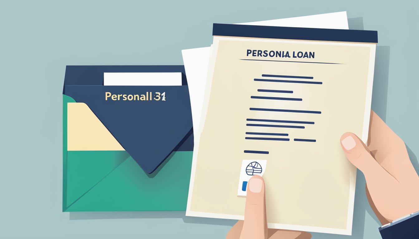 A hand holding a letter with company logo, "Personal Loan" written on top, recipient's name and amount below