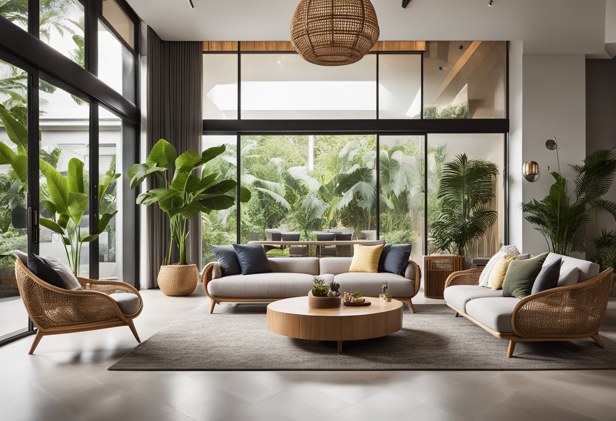 A spacious living room with high ceilings, large windows, and natural materials like wood and rattan. The furniture is sleek and modern, with pops of vibrant tropical colors and lush greenery throughout the space