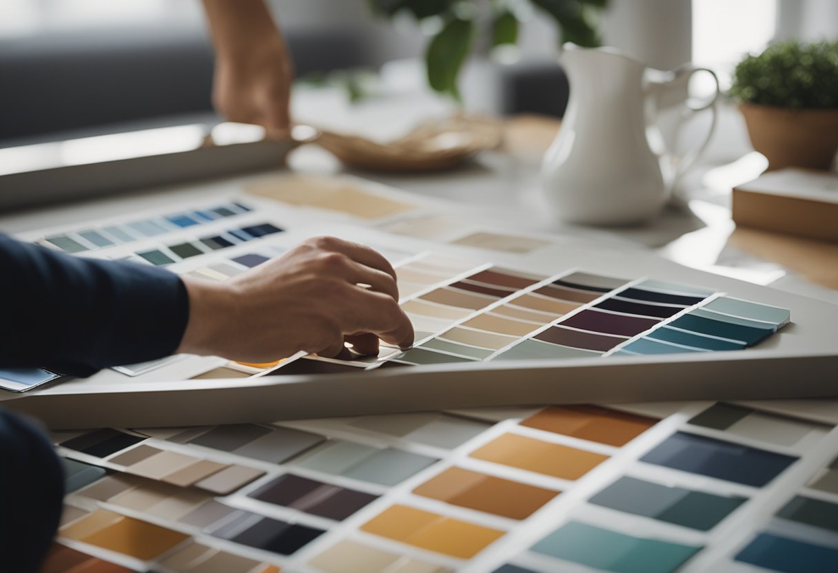 A trainee interior designer arranging furniture and selecting color swatches for a modern living room design