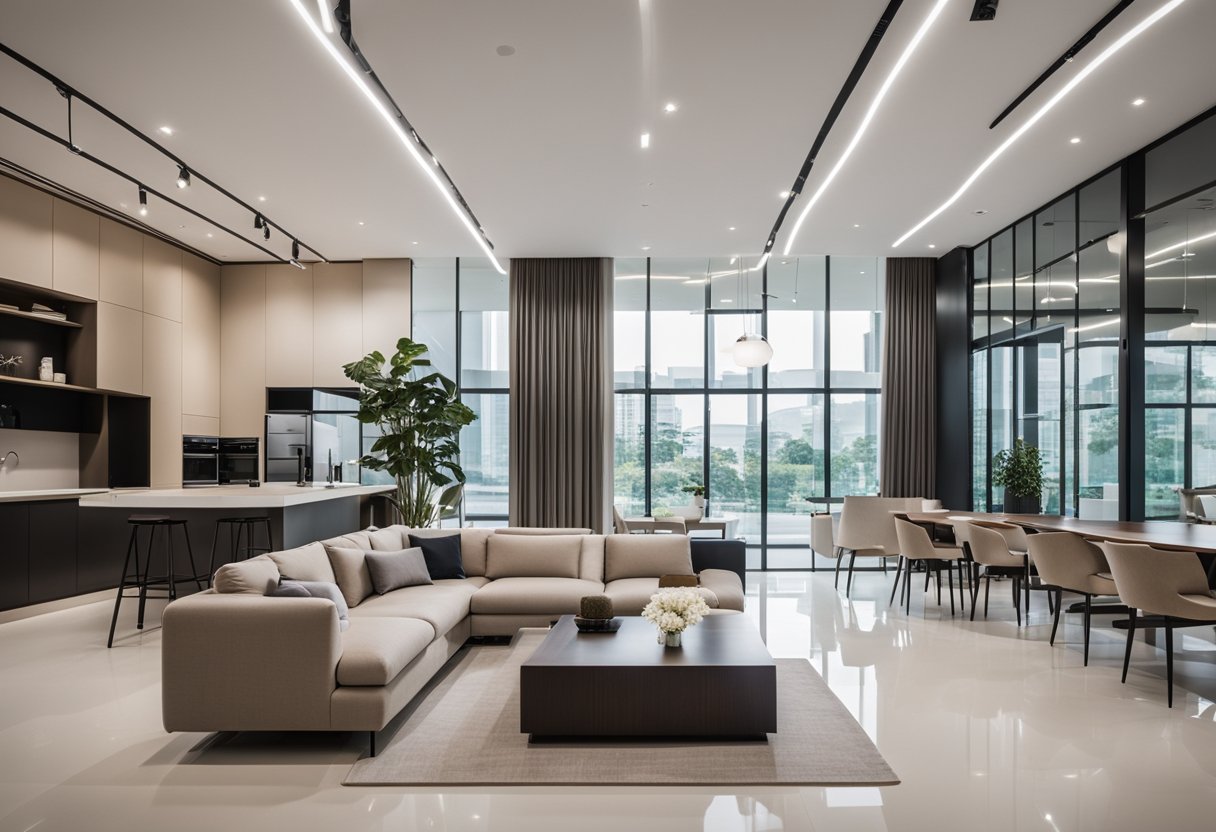 A spacious showroom with modern Swiss interior design in Bukit Merah. Clean lines, neutral colors, and sleek furniture create a minimalist yet cozy atmosphere