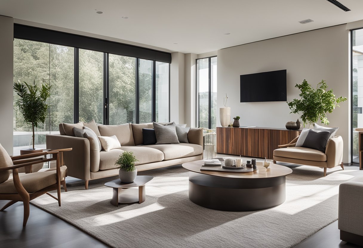 A modern living room with sleek furniture, clean lines, and a neutral color palette. Large windows let in natural light, highlighting the minimalist decor