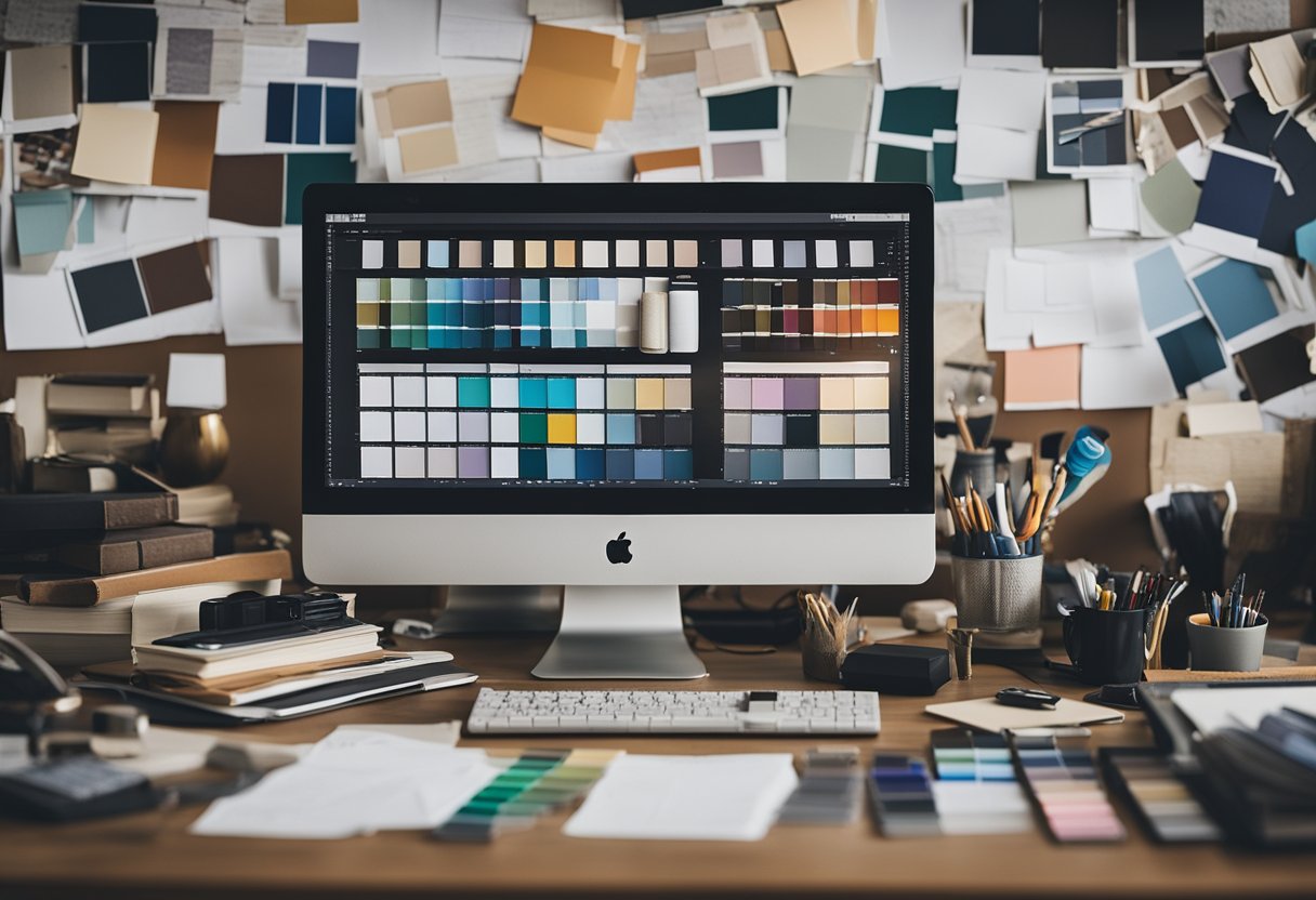 A cluttered desk with drafting tools, fabric swatches, and paint samples. A mood board on the wall, filled with inspirational images and color palettes. A computer with design software open, and a stack of design books nearby