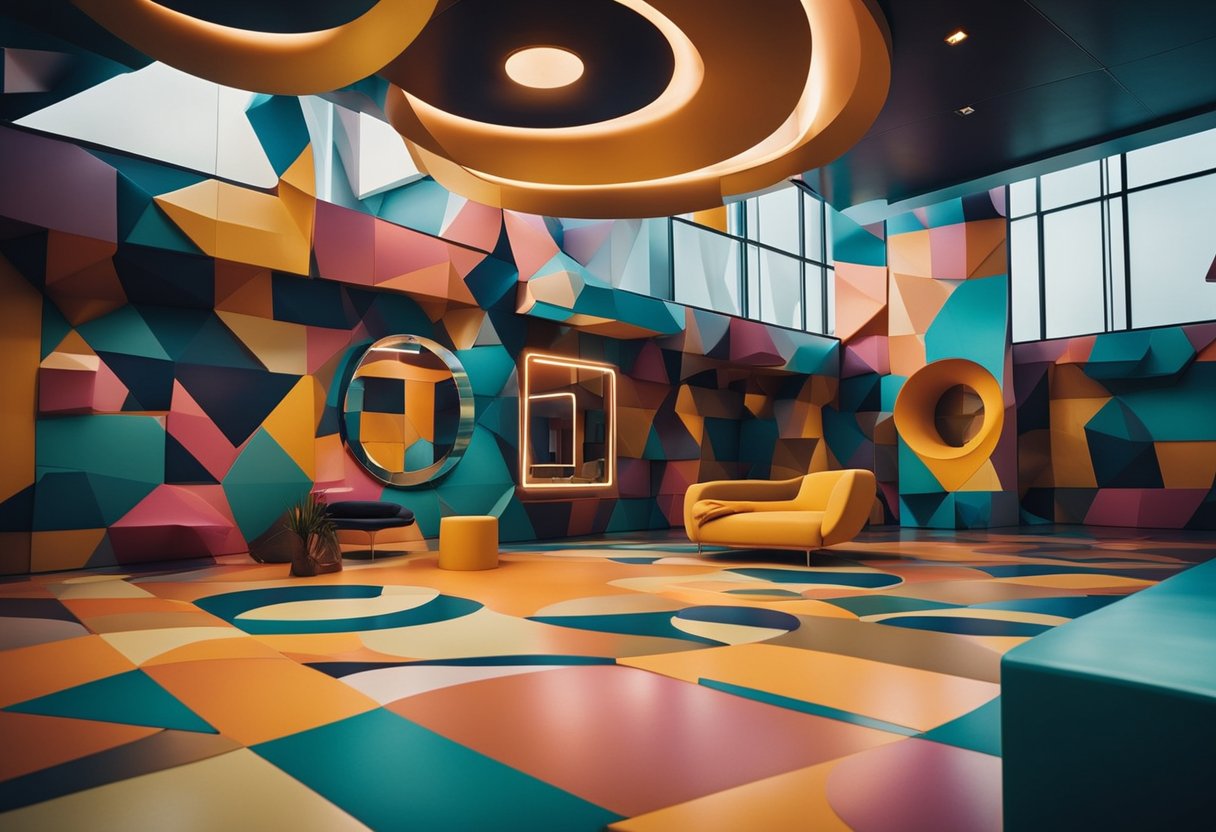 A surreal interior with bold colors and abstract shapes. Iconic spaces blend with case studies in a dynamic, otherworldly design