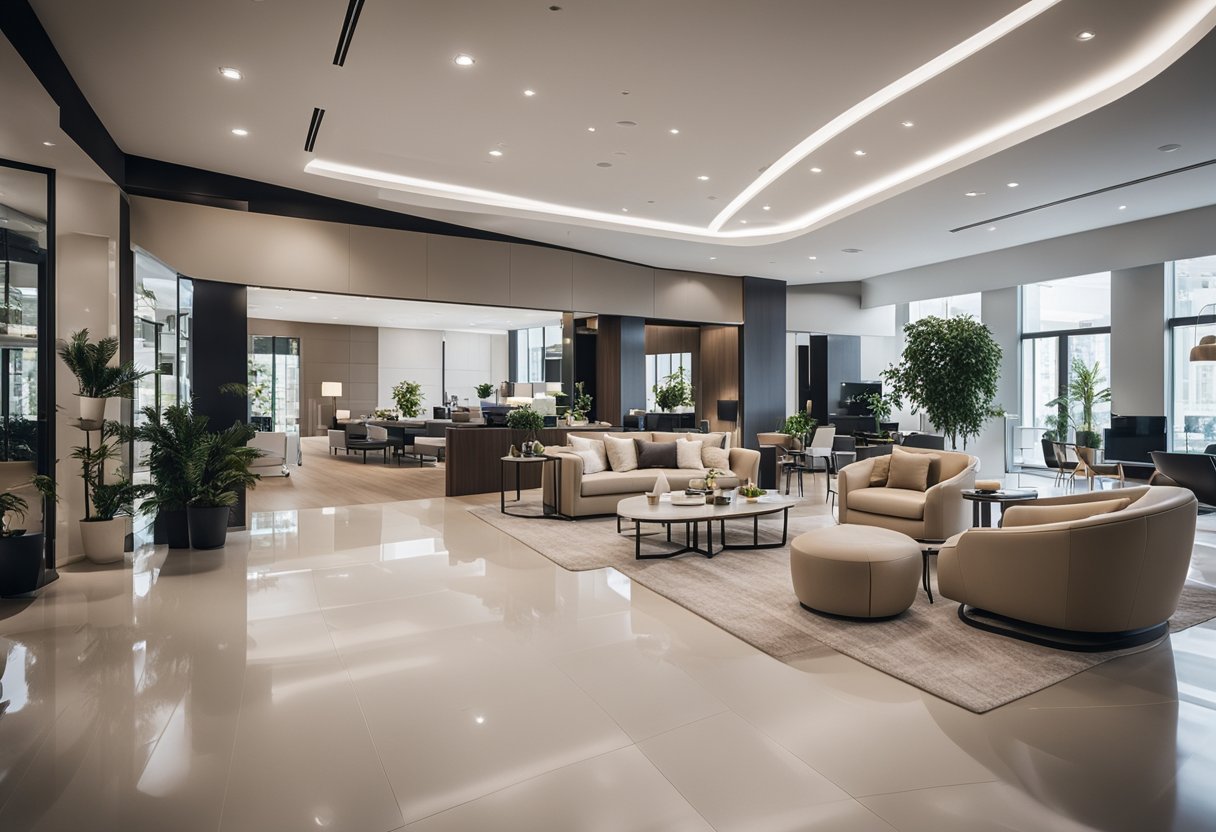 A spacious, well-lit showroom with sleek, modern furniture and elegant decor. Clean lines and neutral colors create a sense of sophistication and luxury