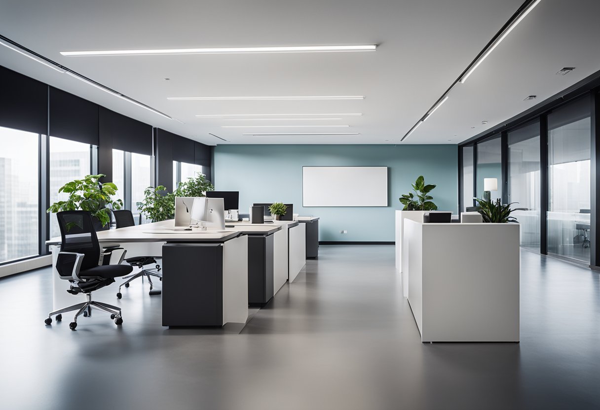 A modern, sleek office interior with clean lines, a minimalist color palette, and a prominent "Frequently Asked Questions" sign displayed prominently on the wall