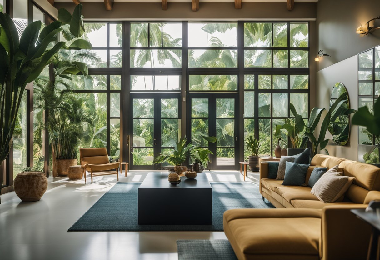 A modern tropical house interior with vibrant colors, natural materials, and large windows bringing in plenty of natural light