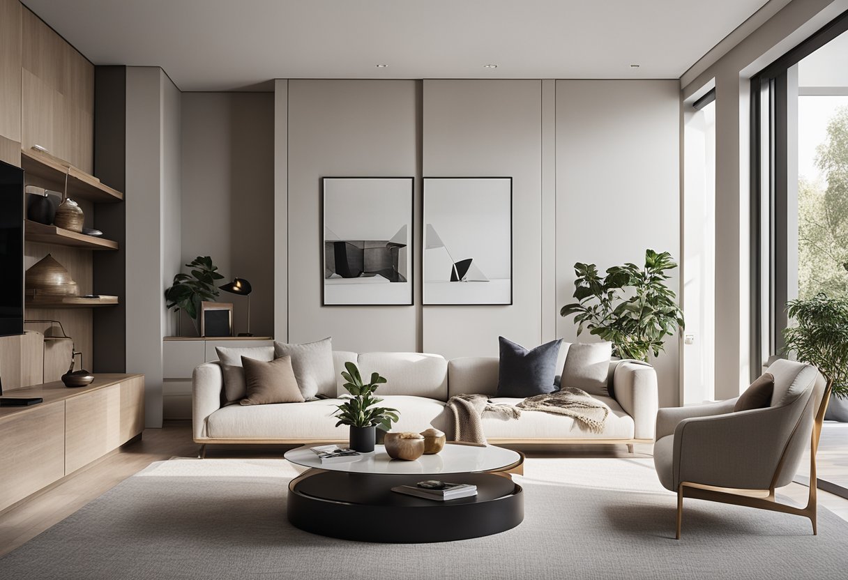 A modern, minimalist living room with clean lines, neutral colors, and statement furniture pieces. Natural light floods the space, highlighting the sleek, sophisticated design