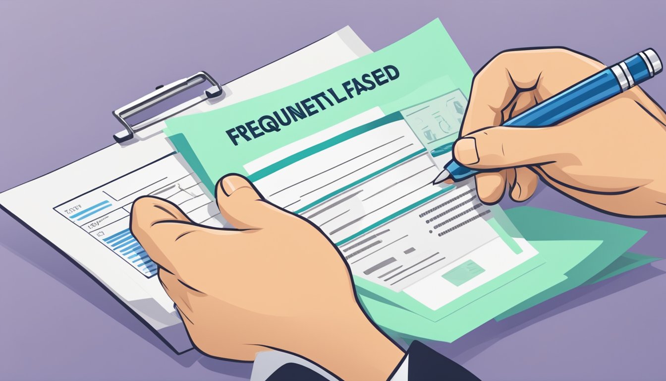 A hand holding a "Frequently Asked Questions" letter with a company logo, next to a personal loan application form and pen