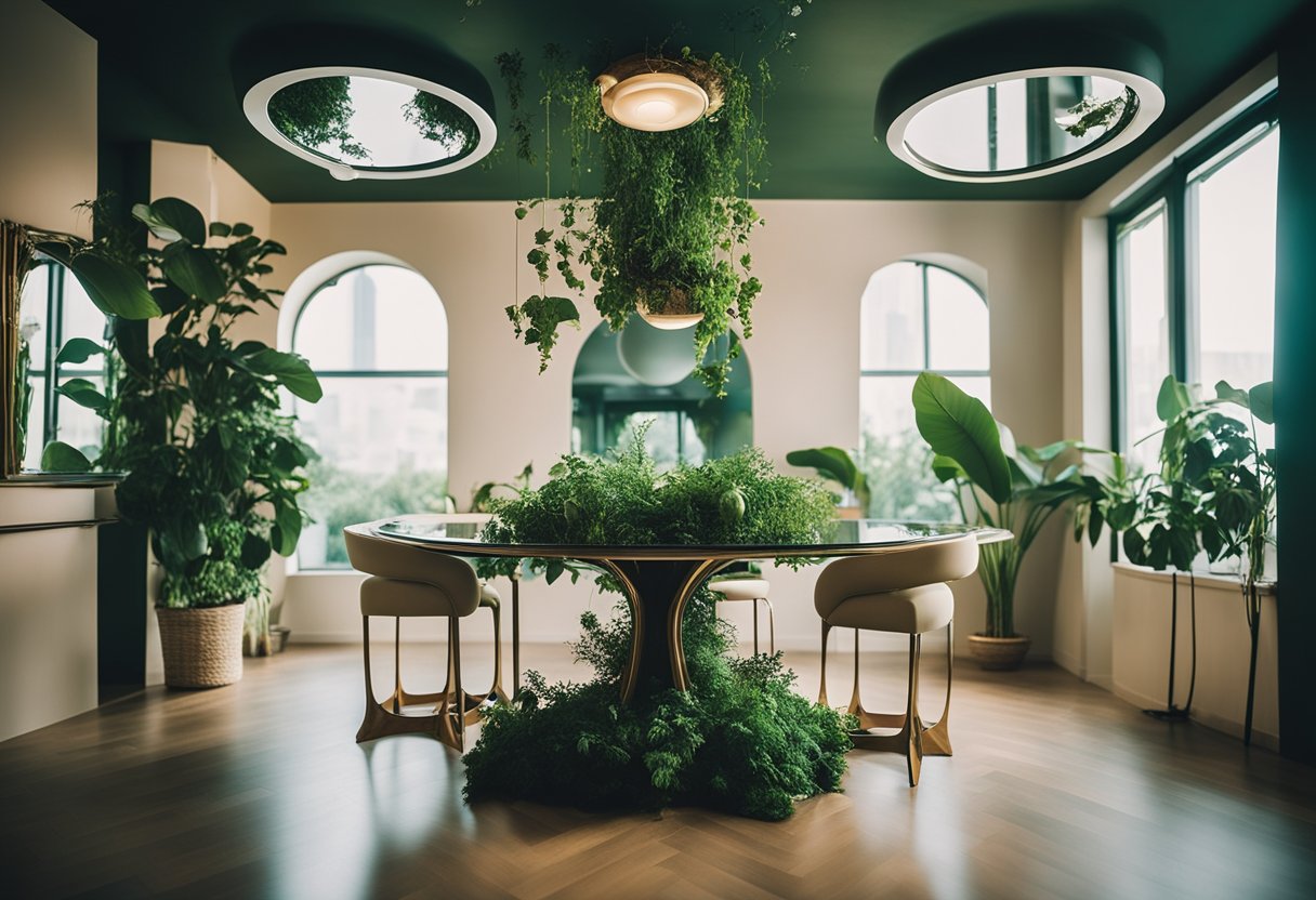 A room with floating furniture, upside-down plants, and distorted mirrors in a surreal and dreamlike interior design setting