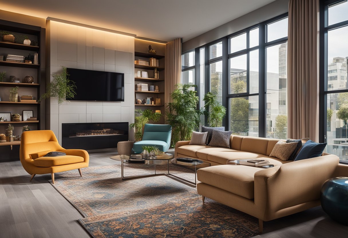 Vibrant colors blend in a modern space, with sleek furniture and intricate patterns. Light floods in through large windows, illuminating the meticulous details of the design
