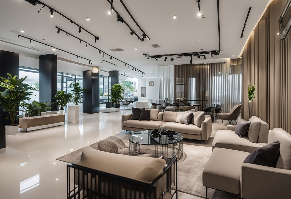 A modern Swiss interior design showroom in Bukit Merah, featuring sleek furniture, clean lines, and neutral color palettes. Bright lighting illuminates the space, showcasing the elegant and minimalist aesthetic