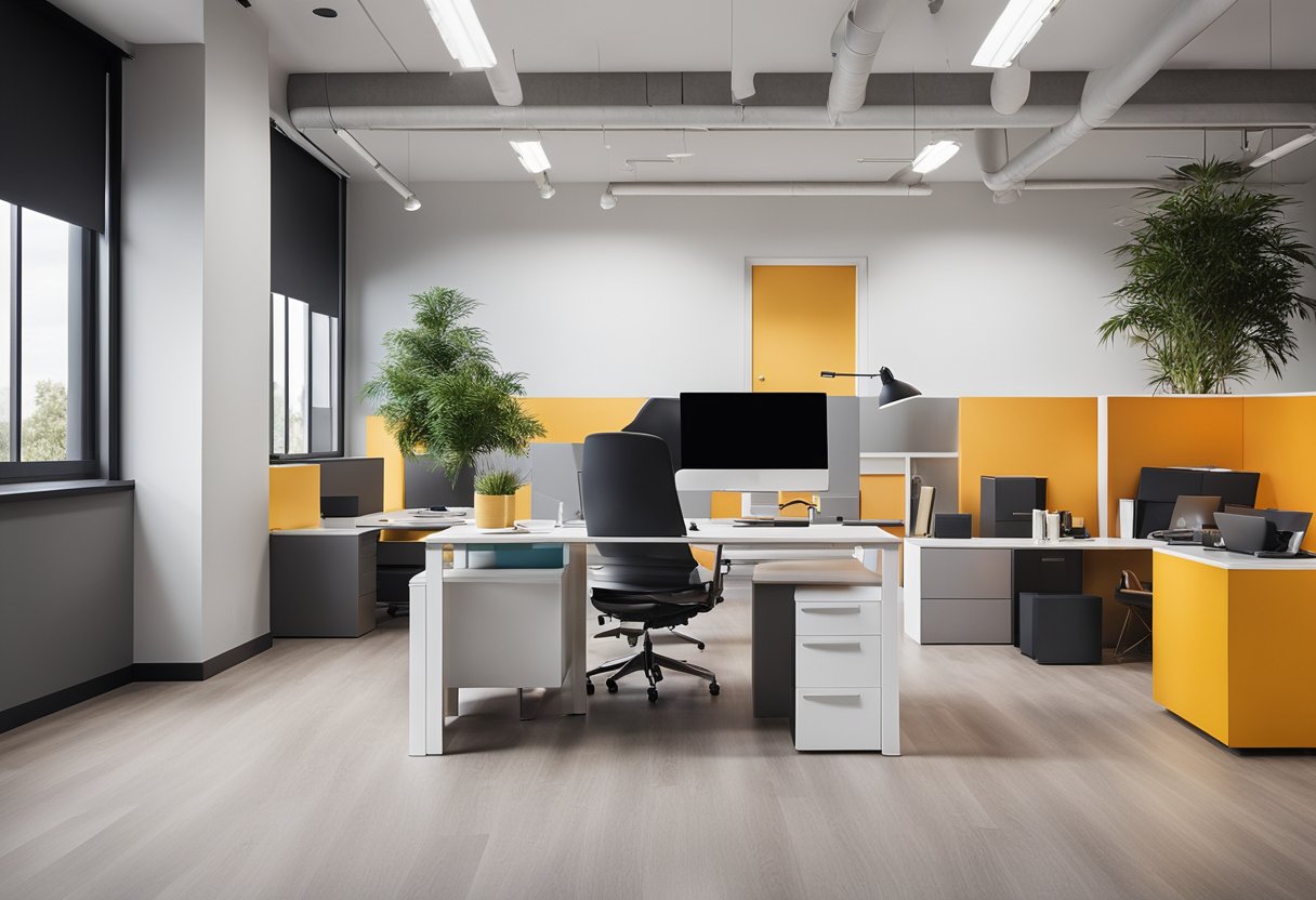 A modern, minimalist office with sleek furniture and vibrant accent colors. Clean lines and open spaces create a welcoming atmosphere for clients
