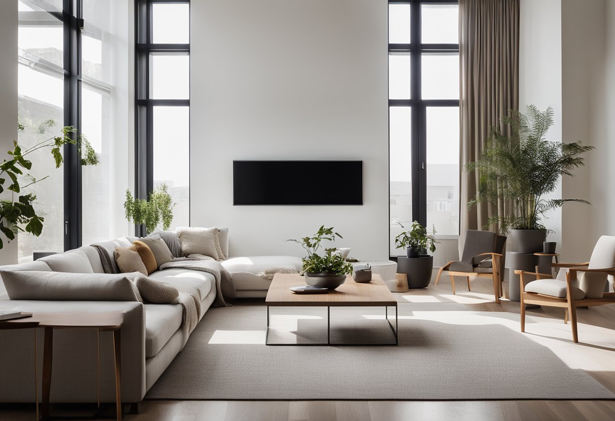 A modern, minimalist living room with clean lines, neutral colors, and natural materials. A large window lets in plenty of natural light, and a statement piece of artwork adds a pop of color