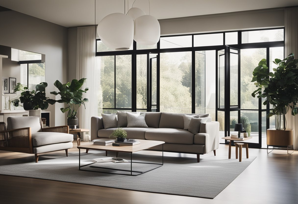 A spacious, modern living room with a minimalist color palette, natural light streaming in through large windows, and sleek, clean-lined furniture arranged for comfort and conversation
