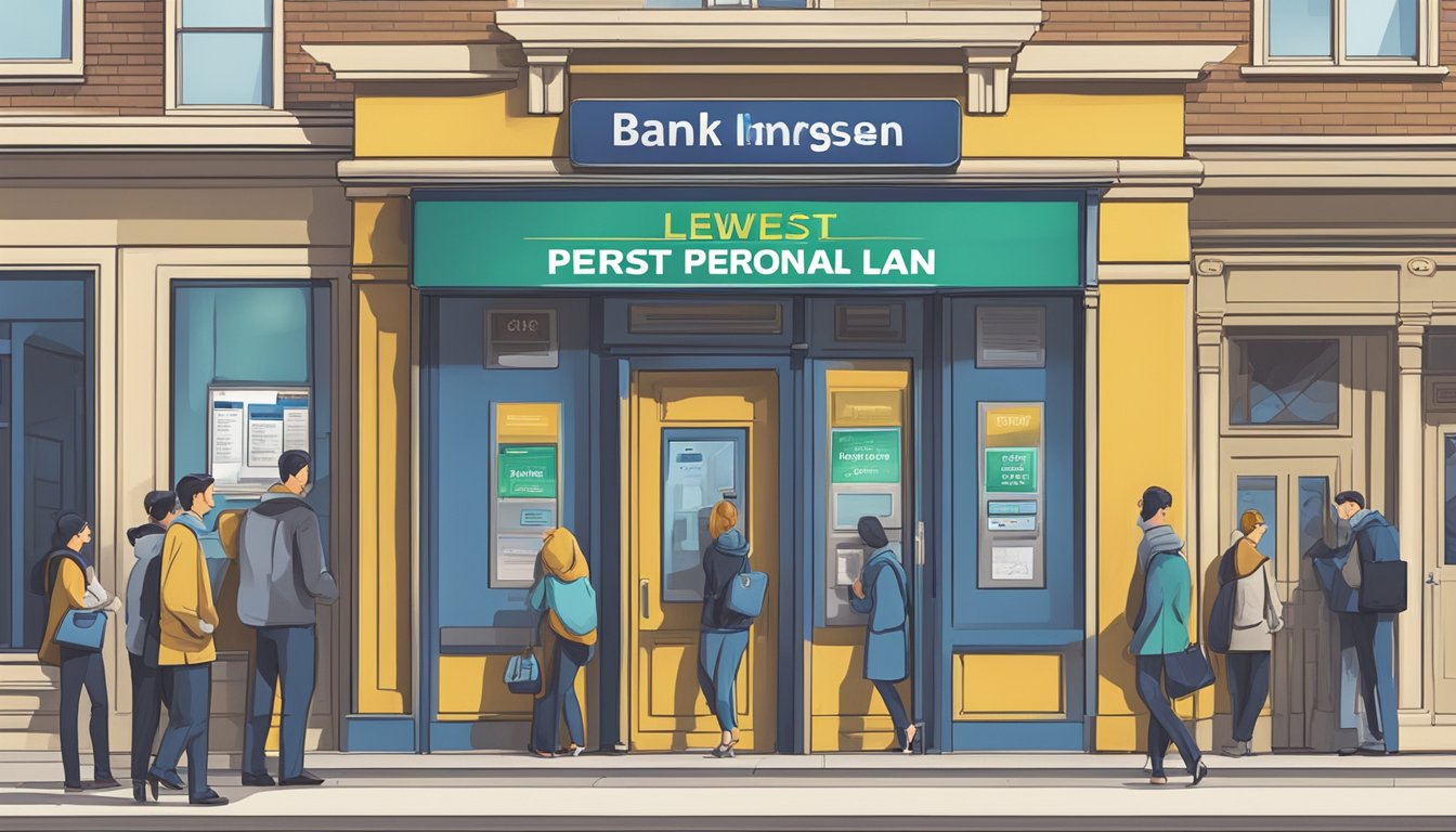 A bank sign advertises "lowest interest personal loan" with a line of customers waiting inside