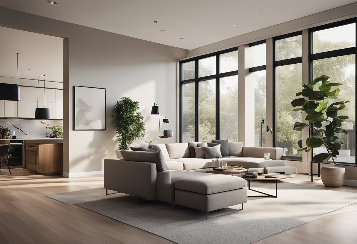 A sleek, open-concept living space with minimalist furniture, neutral color palette, and large windows letting in natural light