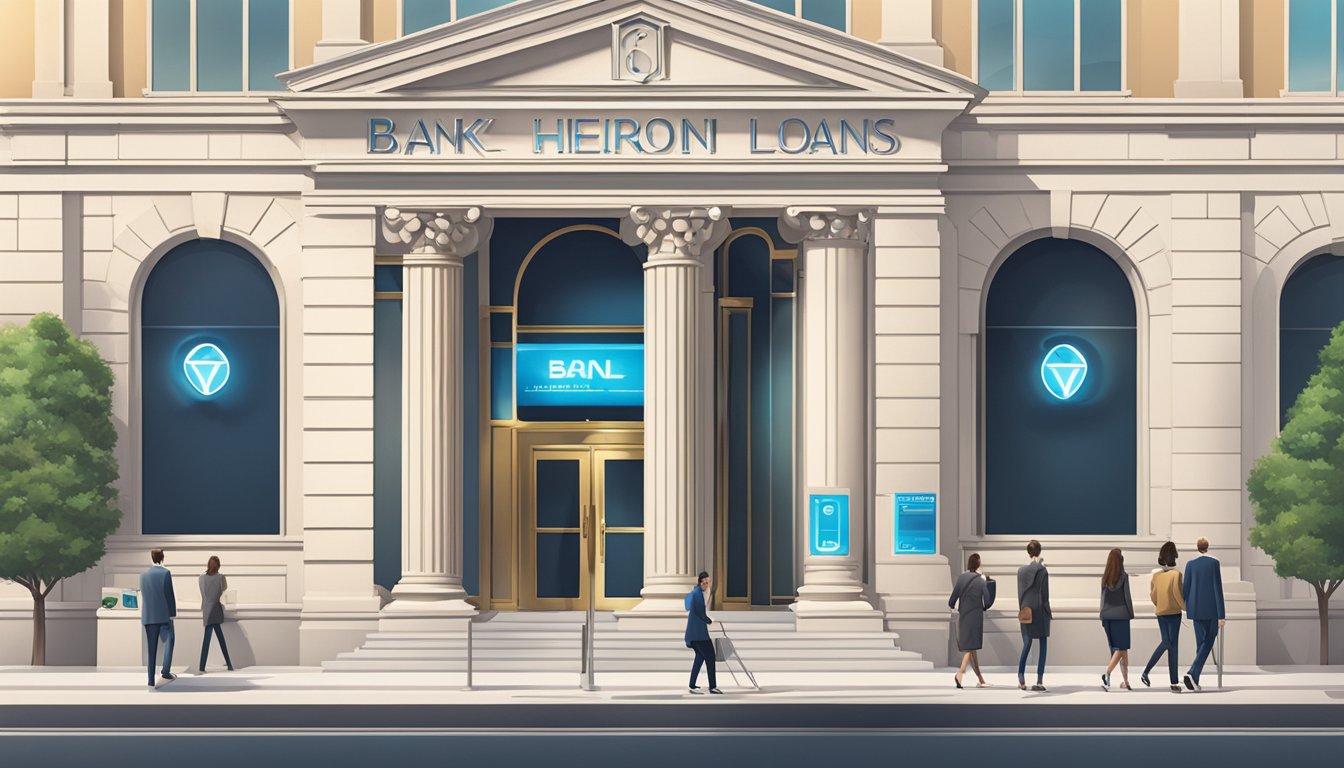 A bank logo shines on a pristine building, with a line of customers entering to secure the lowest interest personal loans