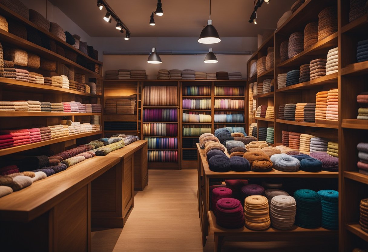 The small cloth shop has neatly displayed fabrics, colorful threads, and sewing machines on wooden shelves. The cozy interior is illuminated by warm lighting, creating a welcoming atmosphere