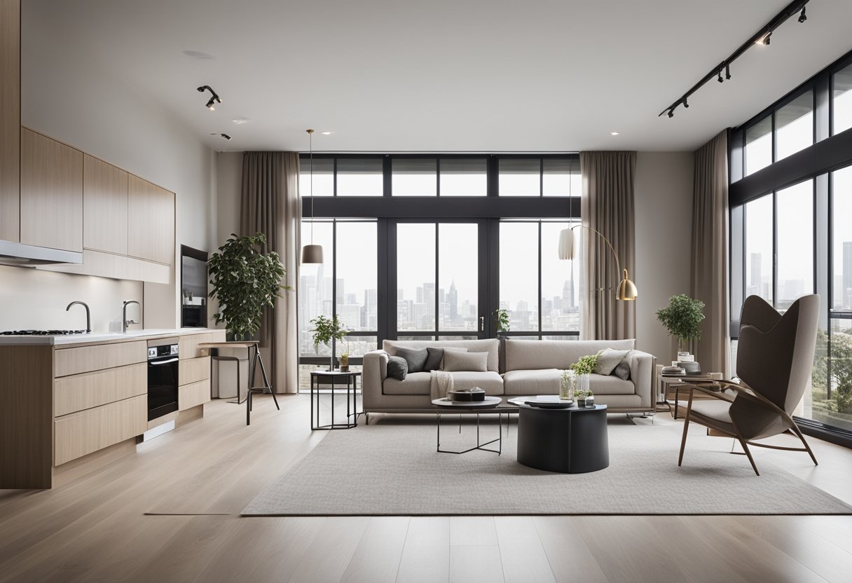 Modern apartment: sleek furniture, neutral color palette, minimalist decor, natural light, open floor plan, and clean lines