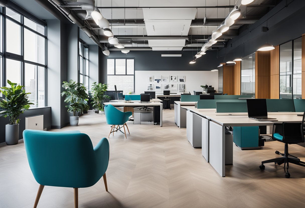 A modern, sleek office space with clean lines and vibrant pops of color. A mix of contemporary and classic furniture creates a welcoming and professional atmosphere