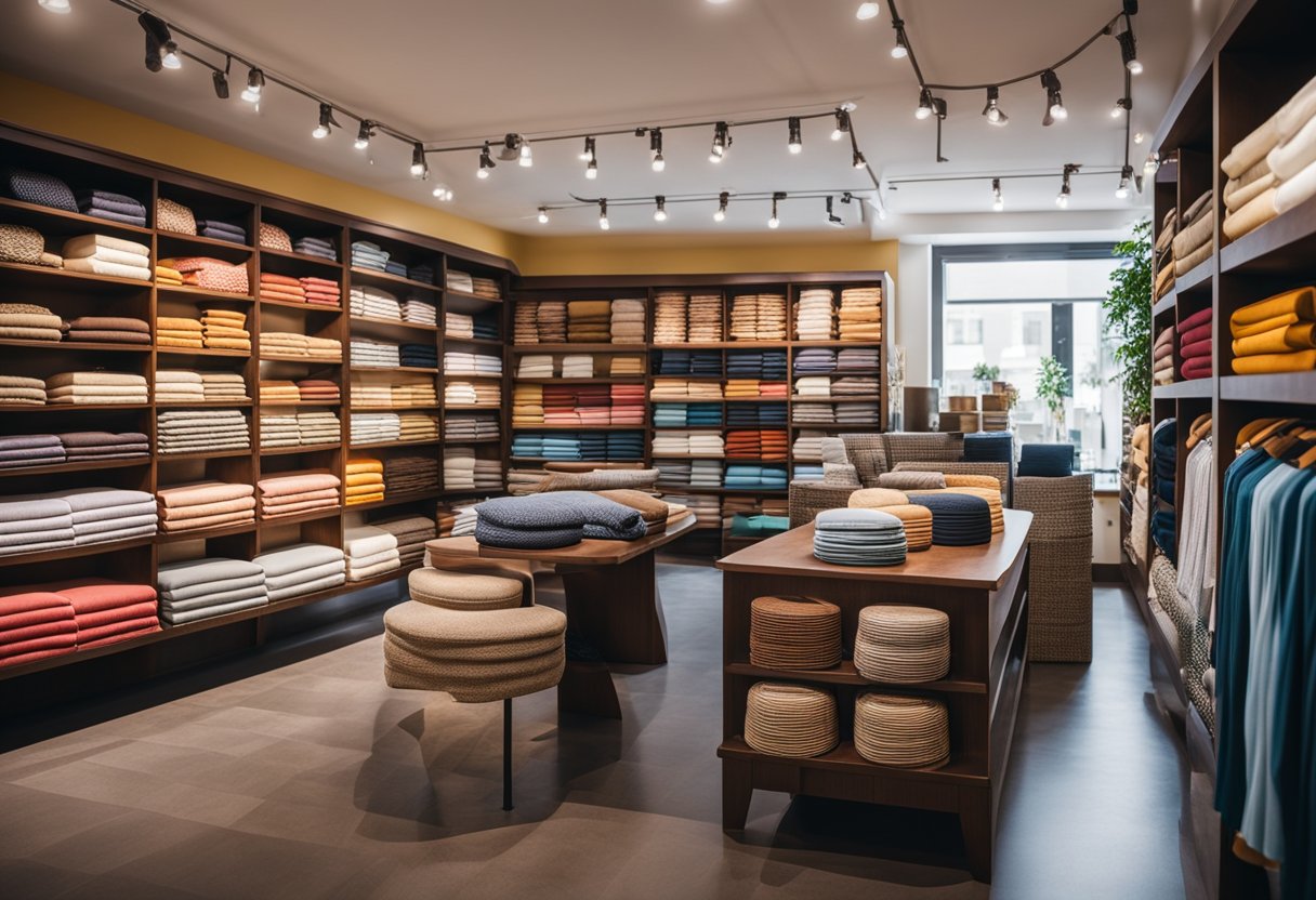 A small cloth shop with neatly organized shelves, colorful fabric rolls, and a cozy seating area for customers to browse through the selection