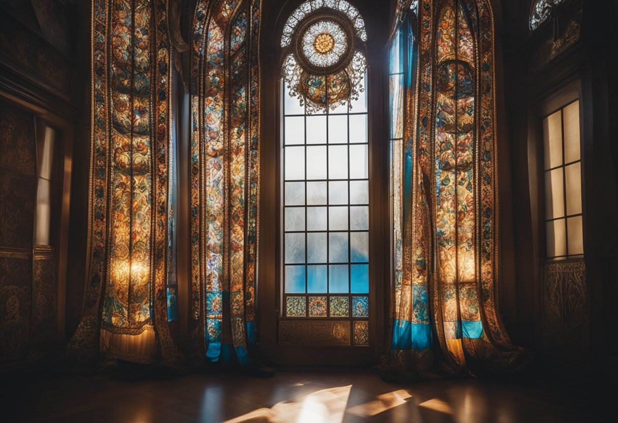 Colorful fabrics drape from ceiling to floor, framed by ornate tapestries and intricate lace curtains. Sunlight filters through stained glass windows, casting a warm glow on the cozy, inviting space
