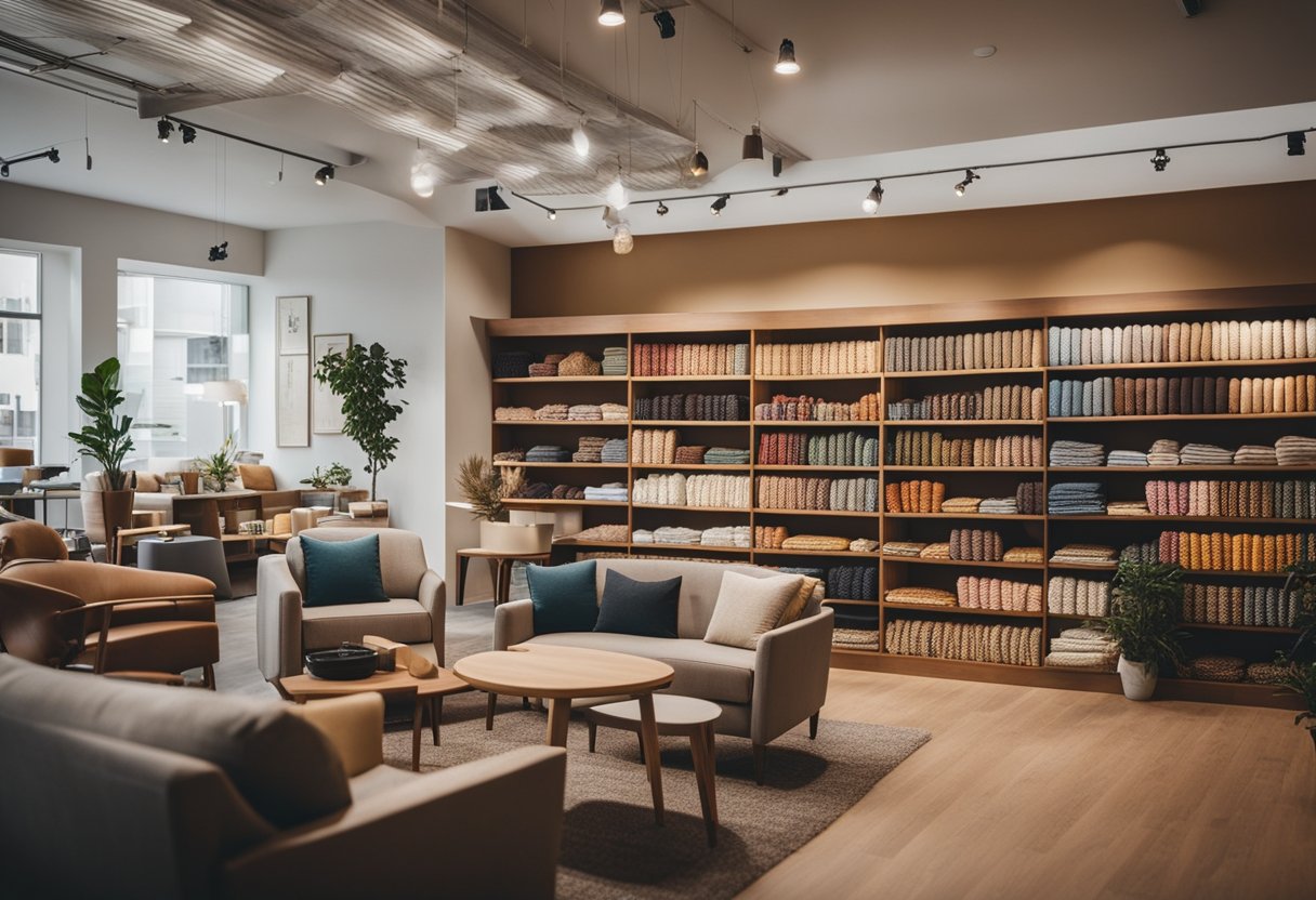 A cozy, well-lit cloth shop with neatly organized shelves, colorful fabrics, and a welcoming seating area for customers to browse through FAQ materials