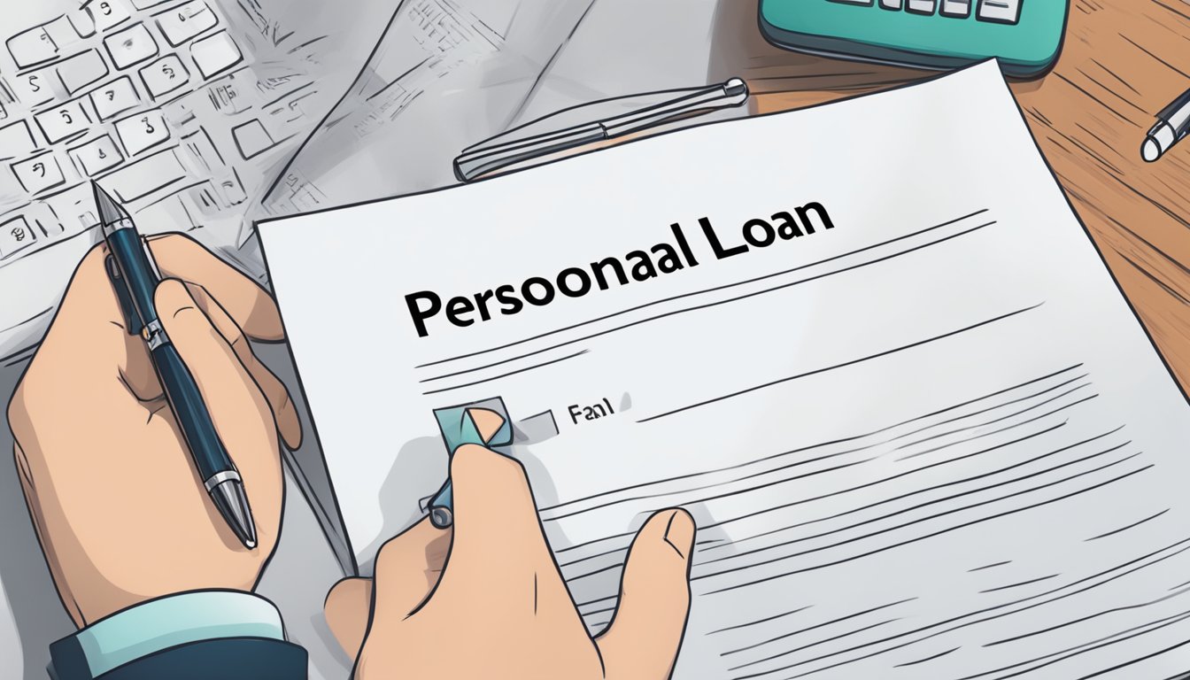 A hand holding a contract with "Personal Loan Fixed" written on it. A bank logo is visible in the background